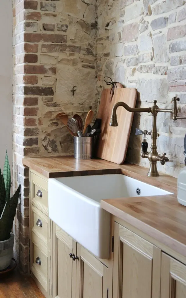 A photo of a modern rustic kitchen with an antique brass pot filler faucet. The countertop is furnished with a white sink, a wooden cutting board, and a few kitchen utensils. The backsplash is made of stone and brick. There is a potted plant in the corner. The floor is made of wood.