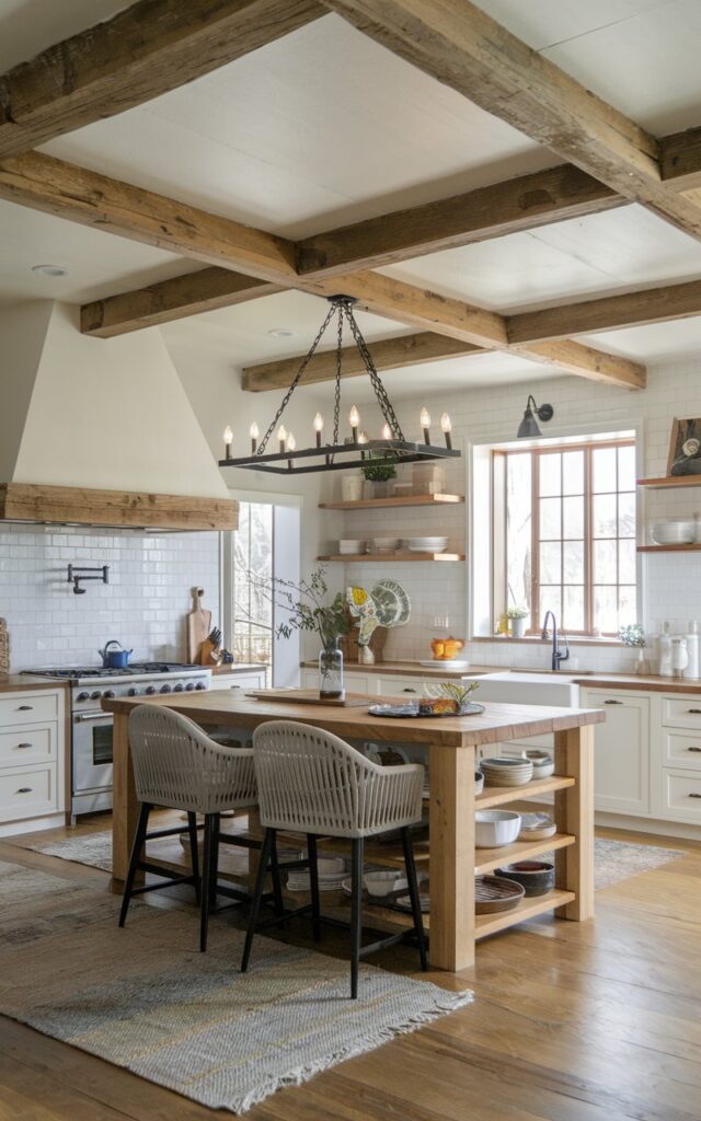 A photo of a modern rustic kitchen with a wooden island and a rustic style chandelier. The ceiling has exposed wooden beams. The floor has a rug. The kitchen is well-lit.