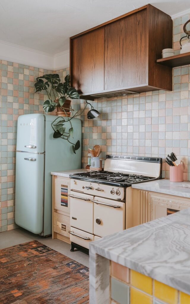 A photo of a modern transitional kitchen with a vintage touch. The kitchen has a retro fridge, pastel tiles, a vintage stove, and a marble countertop. There is a wooden cabinet above the stove, and a potted plant beside the fridge. The floor is covered with a patterned rug.
