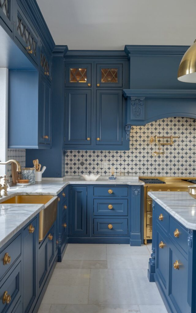 A photo of a modern luxurious Victorian kitchen with two-tone cabinetry. The cabinets are a deep blue color and have gold knobs. There is a marble countertop with a gold sink. The backsplash has a pattern of blue and white tiles. There is a gold pendant light hanging over the island. The floor is made of white tiles.
