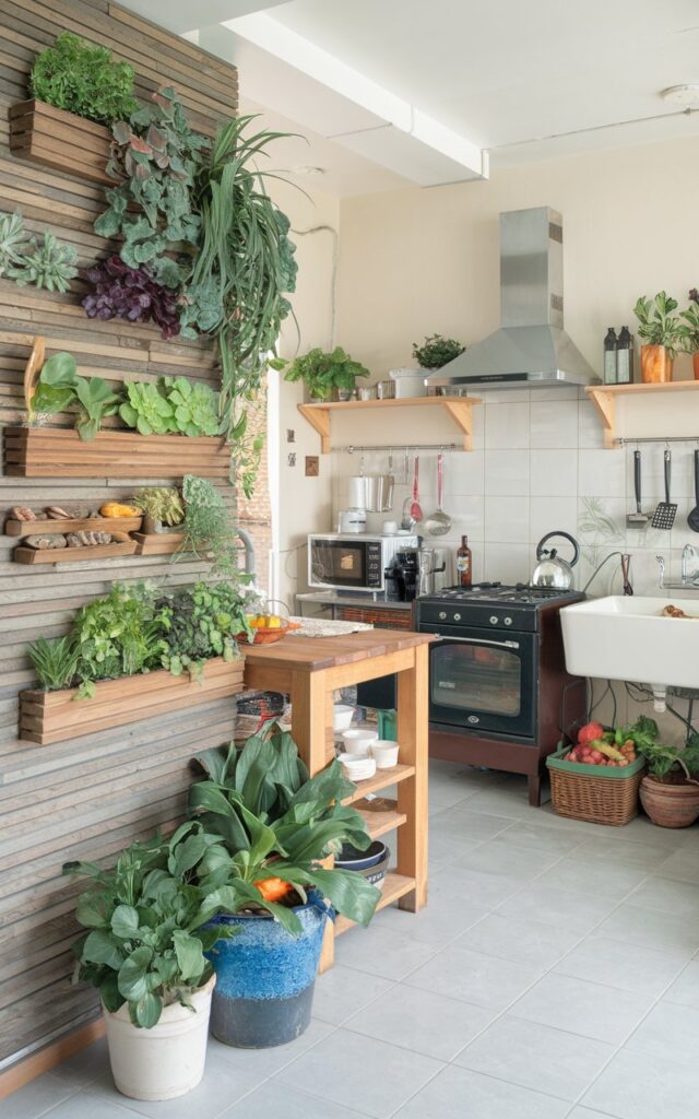 A photo of a nature-inspired modern kitchen with a plant wall on one side. The plant wall has herbs, succulents, and edible plants. Appliances and gadgets are placed proportionately. The kitchen is fully furnished, with a wooden island in the middle and a stove, oven, and sink along the wall. There are potted plants on the floor and a basket of produce near the sink. The floor is tiled.
