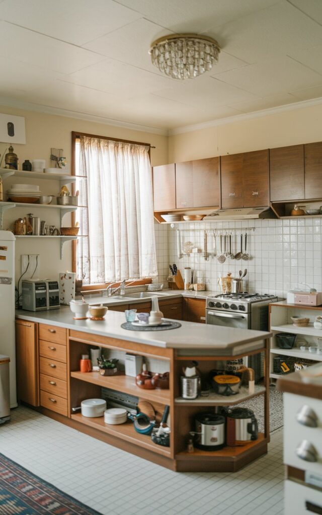 A photo of a mid-century modern kitchen with an L-shape layout. The kitchen has a small island with essentials. There are open shelving units and closed cabinets. The kitchen is fully furnished with appliances, utensils, and cookware. A window has sheer curtains. The ceiling has a chandelier. The floor has a patterned rug.