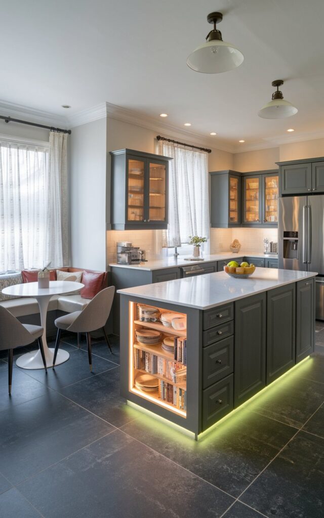 A photo of a transitional kitchen in an L-shaped layout with an island. The island has neon under-cabinet lighting. The kitchen and island are fully furnished, with a white countertop, dark gray cabinets, and stainless steel appliances. There is a breakfast nook with a white table and gray chairs near the window, which has curtains. The flooring is a dark gray tile. The walls are white. Ceiling has pendant light. Natural light is filtered through curtains.