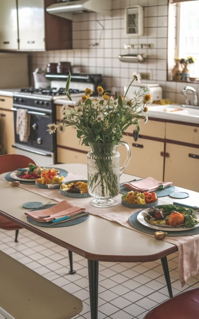 A photo of a retro kitchen with a dining table. At the center of the table is a vintage glass pitcher filled with fresh wildflowers. The table is set with napkins, coasters, a runner, and food. The kitchen has a vintage aesthetic with appliances, a stove, and cabinets. The floor is tiled.