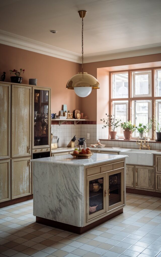 A photo of a retro kitchen with a statement pendant light above the island. The kitchen has a modern and luxurious look. The walls are painted in a soft beige hue, and the cabinetry is made of wood with a distressed finish. The island is made of marble and has a gold pendant light hanging above it. There are potted plants on the windowsill. The floor is tiled in white and beige. The room has a soft glow.