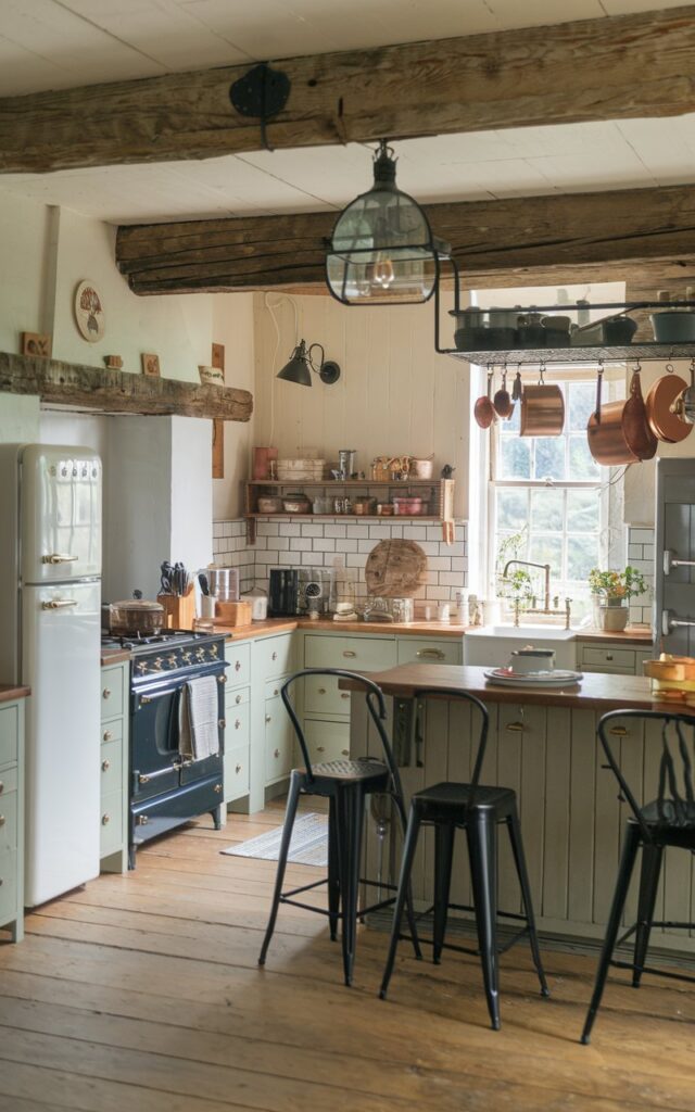 A photo of a chic kitchen in a rustic English countryside setting. The kitchen has a mix of metals, including brass cabinet handles, a wrought-iron light fixture, black metal bar stools, and a copper pot rack. The kitchen is equipped with essentials, such as a stove, refrigerator, sink, and cabinets. The natural light is warm and soft.