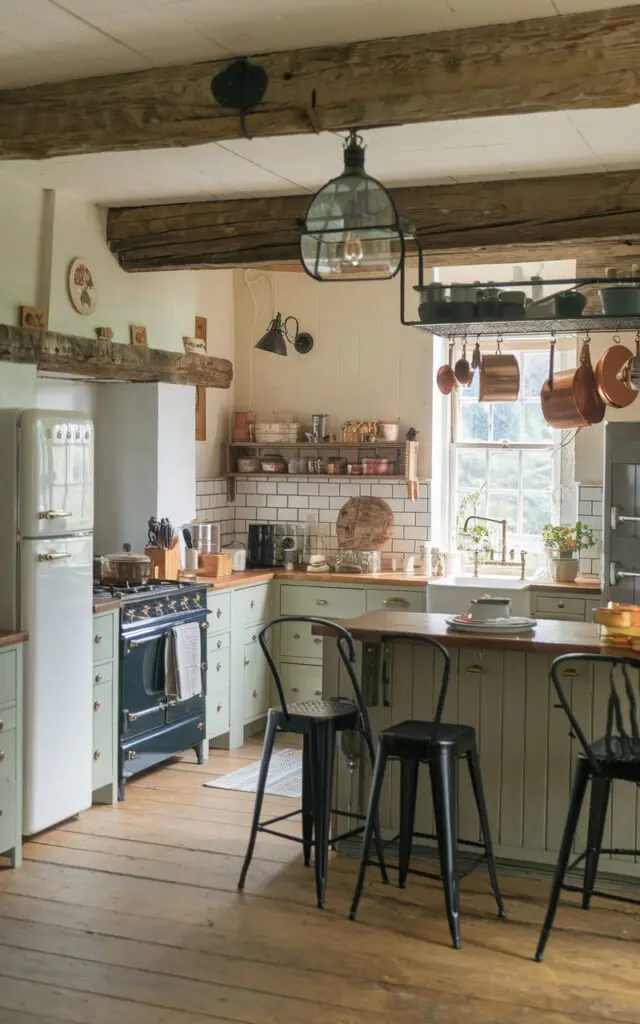A photo of a chic kitchen in a rustic English countryside setting. The kitchen has a mix of metals, including brass cabinet handles, a wrought-iron light fixture, black metal bar stools, and a copper pot rack. The kitchen is equipped with essentials, such as a stove, refrigerator, sink, and cabinets. The natural light is warm and soft.