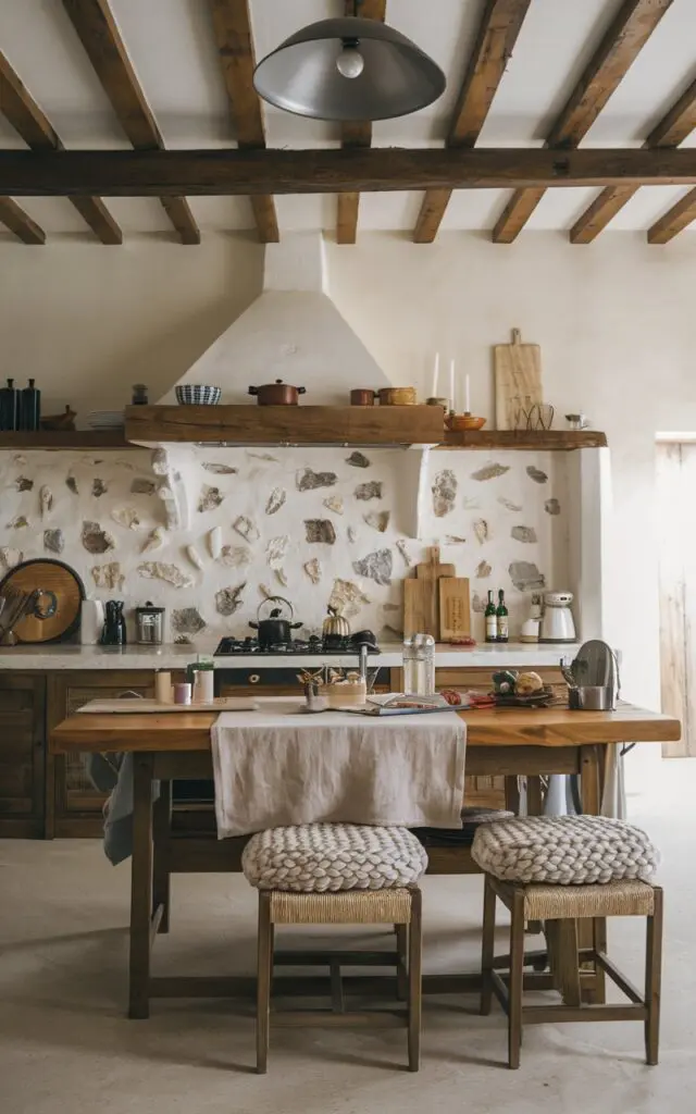 A photo of a rustic boho style kitchen with a wooden island and countertop, a linen table runner, and chunky knit seat cushions on the island stools. The kitchen walls have a unique stone backsplash. There are various cooking essentials placed on the counters and the island. The ceiling has a wooden beam structure and a large ceiling light.