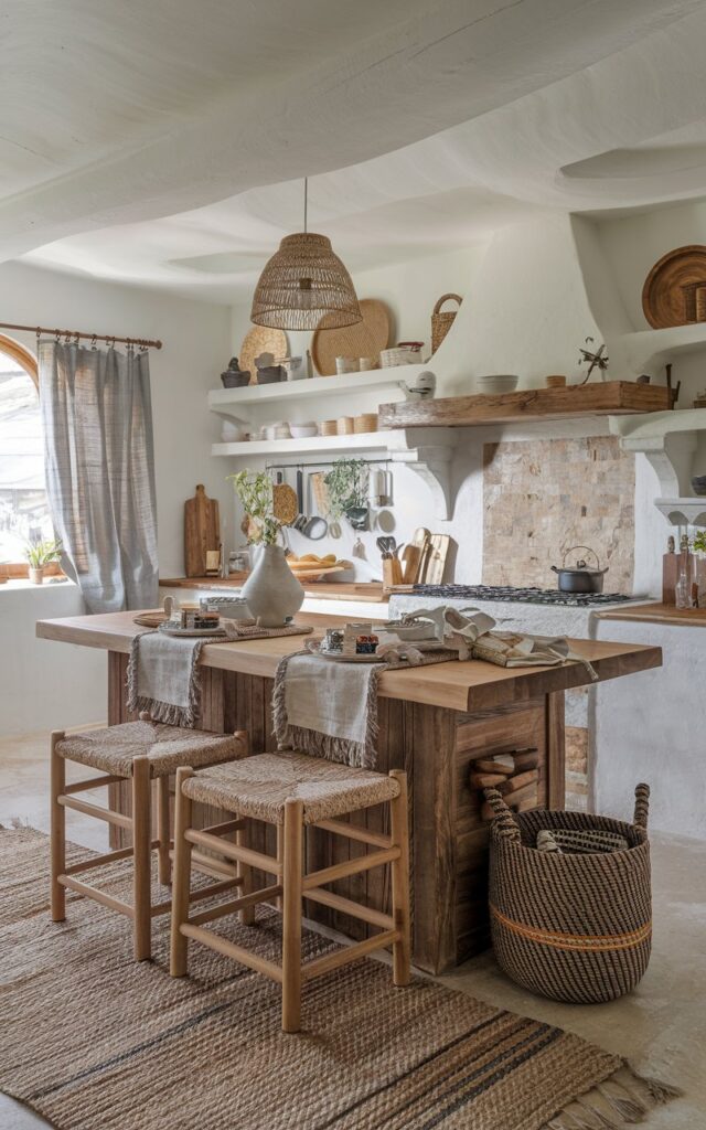 A photo of a rustic and boho kitchen with an island having wooden stools with chunky knit seat cushions. The kitchen has a jute rug, linen curtains, and a stone backsplash. The island has woven baskets, and a linen table runner. The kitchen, island, and countertop are filled with cooking essentials.