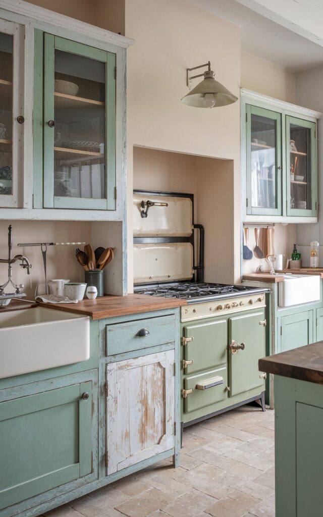 A photo of a rustic cottagecore kitchen with a few distressed cabinets in muted green and soft white colors. The cabinets have weathered edges and worn finishes. The kitchen is fully furnished, with a wooden countertop, a vintage stove, a sink with a green cabinet above it, and a few utensils. There's a vintage light fixture hanging above the stove. The floor is made of beige tiles.