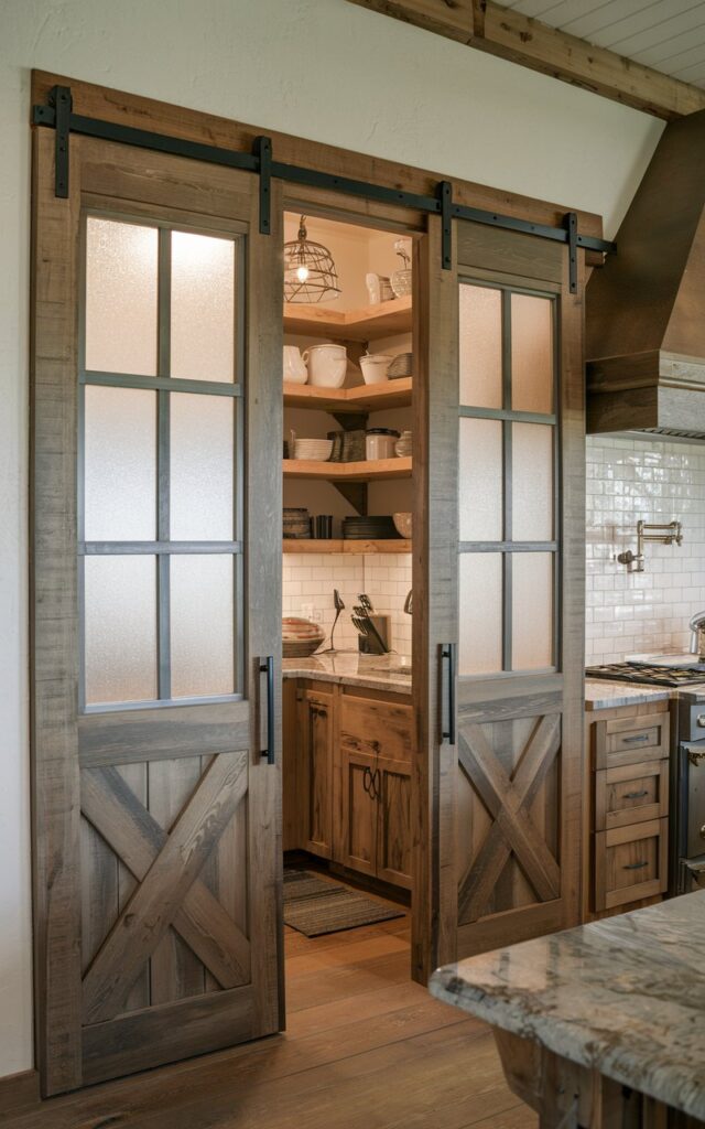 A photo of a rustic craftsman kitchen with a sliding barn double door made of frosted glass. The door leads to a pantry section. The kitchen is fully furnished with wooden cabinets, a granite countertop, a sink, and a stove. The pantry has shelves to store items. The room has a warm, ambient natural light.