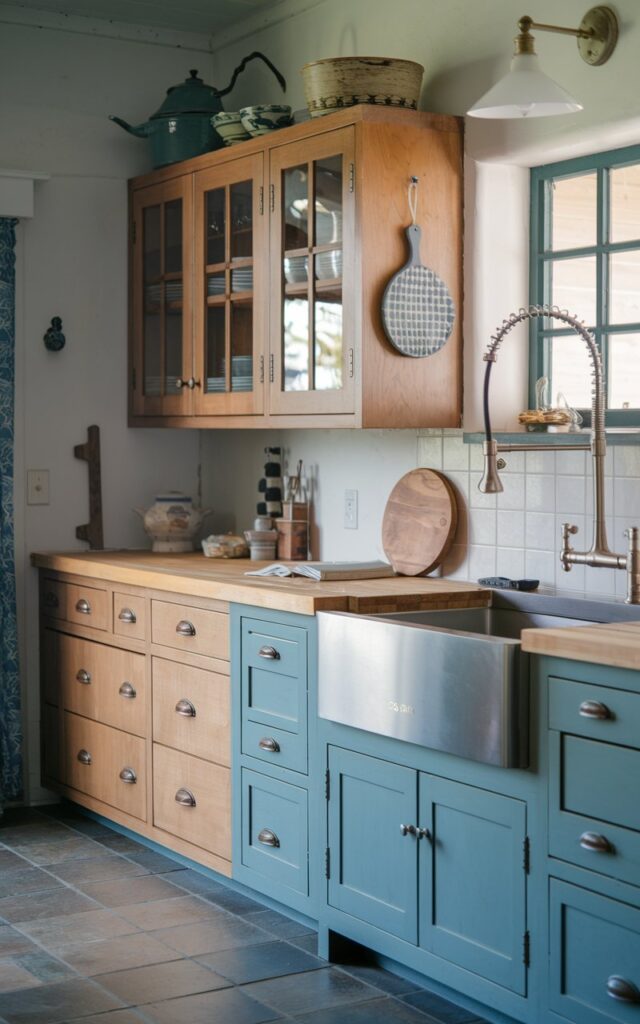 A photo of a rustic + coastal kitchen with an eclectic design. The cabinets are made of wood and have a light color. The kitchen has a butcher block countertop. The cabinets are placed against a white wall. There's a stainless steel sink with a pull-down faucet. A ceramic pot is placed on the countertop. A wooden cutting board is placed near the sink. The kitchen has a tile flooring. The room has a mild natural lighting.