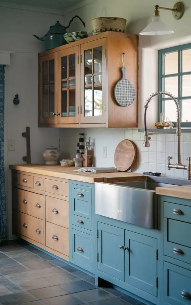 A photo of a rustic + coastal kitchen with an eclectic design. The cabinets are made of wood and have a light color. The kitchen has a butcher block countertop. The cabinets are placed against a white wall. There's a stainless steel sink with a pull-down faucet. A ceramic pot is placed on the countertop. A wooden cutting board is placed near the sink. The kitchen has a tile flooring. The room has a mild natural lighting.