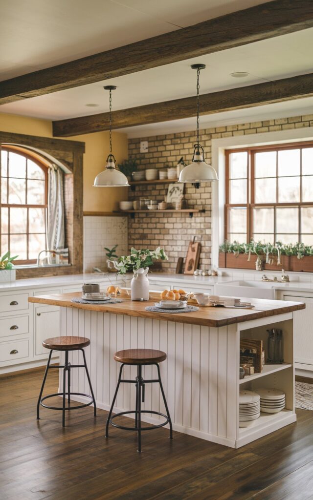 A photo of a rustic farmhouse kitchen in an L-shape layout with a separate island featuring shiplap. The island has farmhouse-style stools, pendant lights, and a wooden countertop with essentials. The kitchen has a mix of white cabinets, wooden beams, and a brick wall. There is a large window with a window box filled with greenery. The room has warm, natural light.