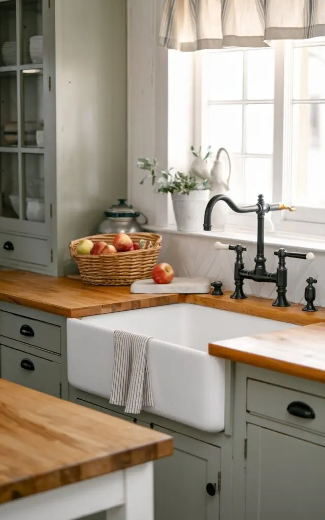 A photo of a farmhouse kitchen with a rustic vibe. The kitchen has a wooden countertop, a white farmhouse sink, and a black faucet. There is a basket with apples near the sink. The background contains a window with a curtain and a cabinet. The lighting is soft.