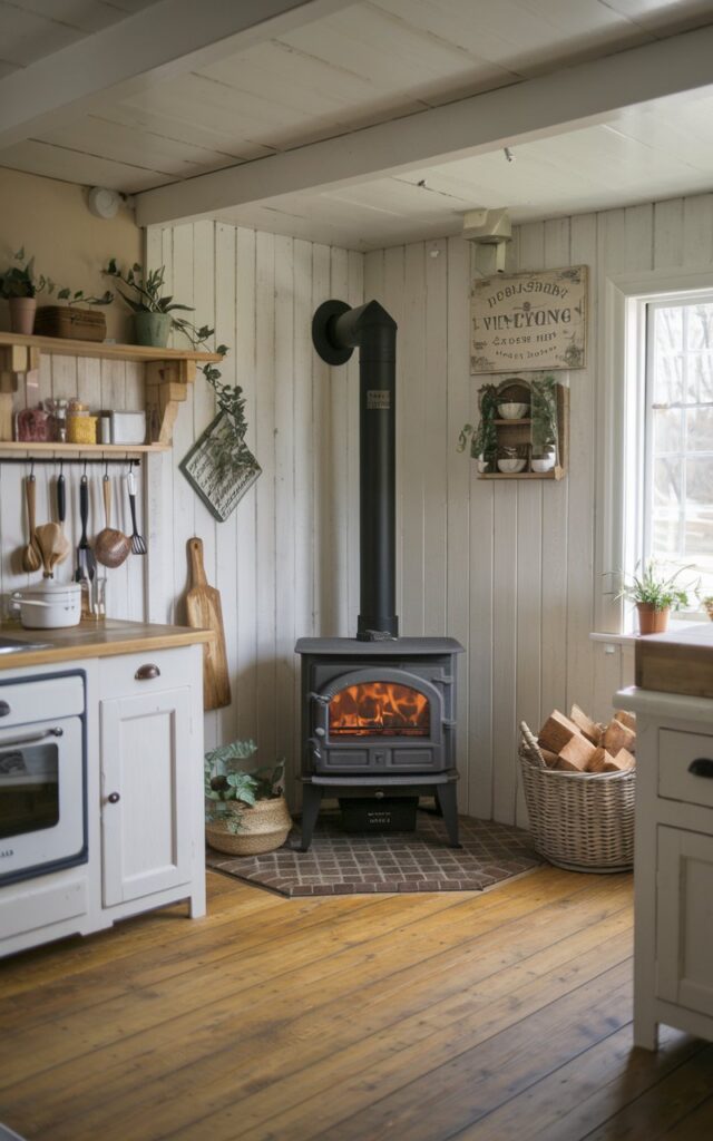 A photo of a rustic farmhouse kitchen with a wood-burning stove in the corner. The kitchen has a wooden floor, white cabinets, and a few cooking utensils. There is a basket of logs near the stove. The walls are decorated with plants and a vintage sign. The lighting is soft and diffused.