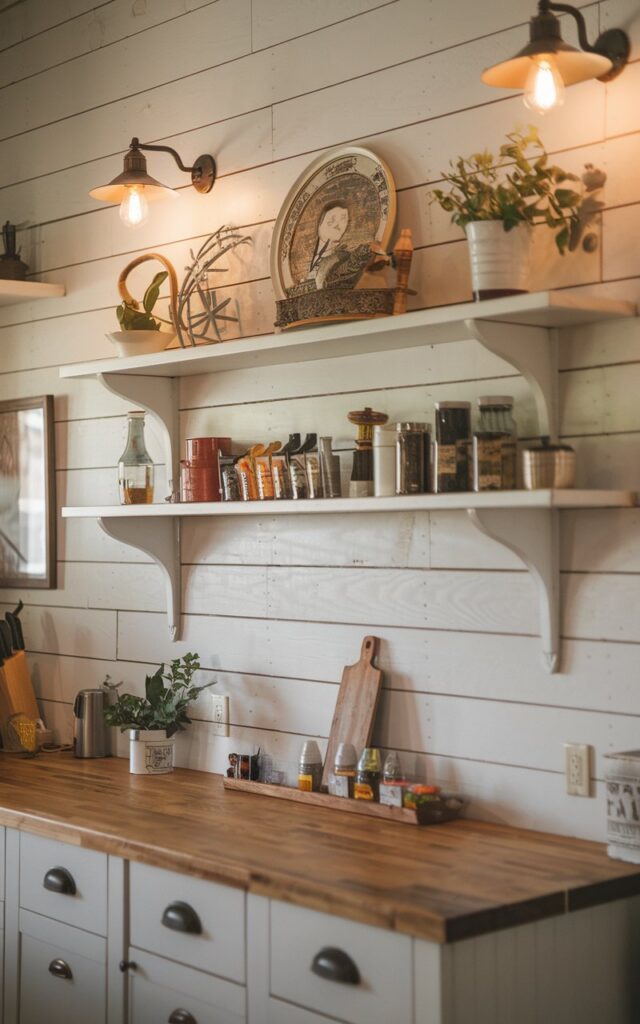 A photo of a farmhouse kitchen with a rustic design. The main focus is the shiplap wall behind the open shelves. The shelves hold vintage decor, herbs, and spices. The kitchen has a wooden countertop and warm lighting.