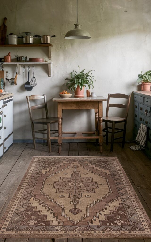 A photo of a rustic kitchen with a vintage-style rug. The rug has Persian-inspired patterns and muted earth tones. There is a pendant light hanging over a wooden table. The table has two chairs and a potted plant. On the wall, there are shelves with cooking utensils. The floor is made of wooden planks.