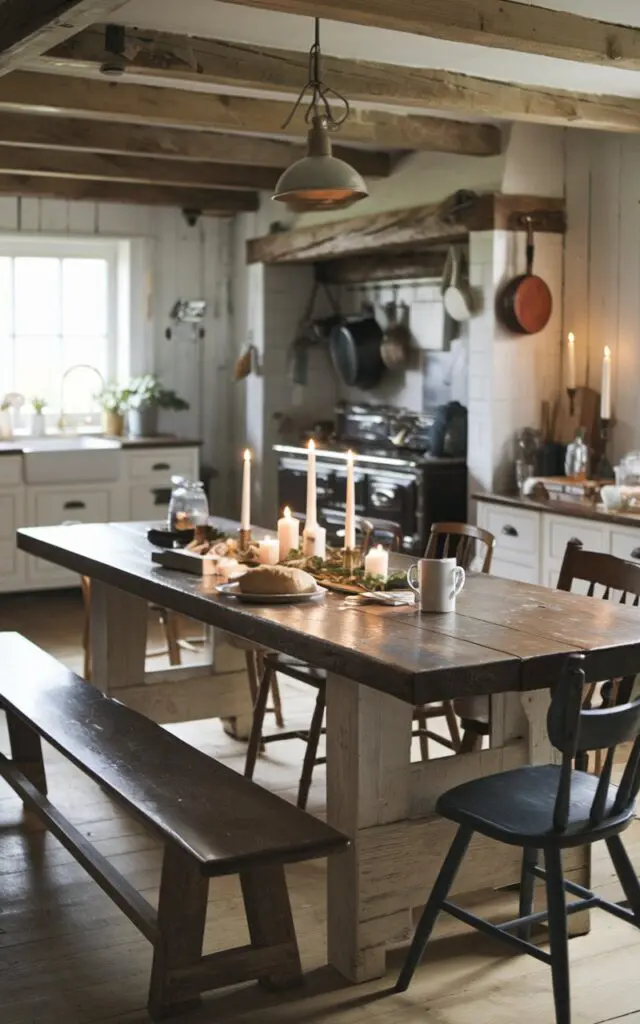 A photo of a rustic kitchen with a big weathered farmhouse table. The table has visible grain and scratches. There are mismatched chairs and a long wooden bench around the table. On the table, there is a steaming mug of coffee, a loaf of fresh bread, and a cozy candlelit dinner. The kitchen has wooden beams on the ceiling, a vintage stove, and a few pots and pans hanging above the stove.