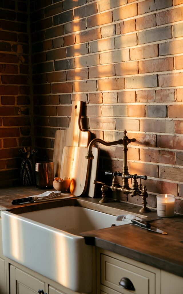 A photo of a rustic kitchen with a countertop having a wooden cutting board, a knife, and a candle. The countertop also has a farmhouse sink, and exposed brick walls. The room has golden hour lighting, with the sun casting a warm glow on the brick wall and the pot filler faucet.