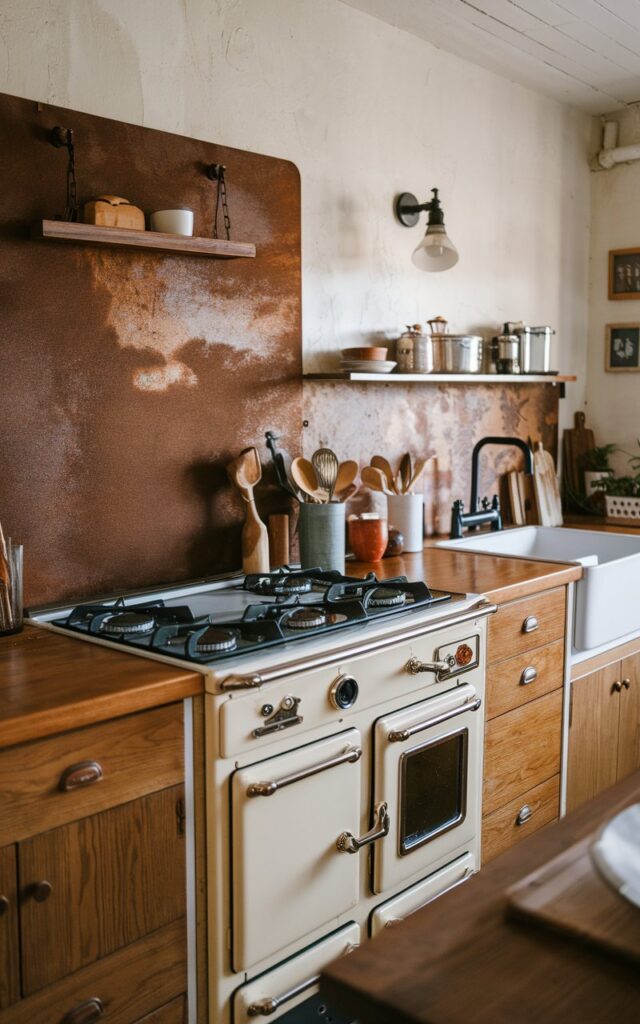 A photo of a rustic + mid-century modern kitchen with a vintage stove having an enamel finish. The countertop is fully furnished. There is a rustic backsplash with a wall scone. The kitchen has wooden cabinets, a white sink, and a black faucet. There are also a few utensils and pots on the countertop. The overall atmosphere of the kitchen is warm and inviting.