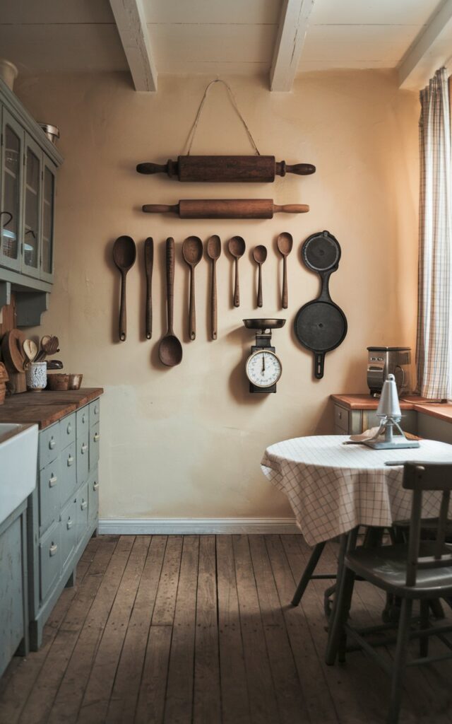 A photo of a rustic and shabby chic kitchen with a wall art made of antique kitchen tools. There is a old rolling pin, cast-iron skillets, wooden spoons, and vintage scales arranged in a pattern on the wall. The kitchen has a wooden floor and vintage cabinets. There is a table with a checkered cloth in the corner. The lighting is warm.