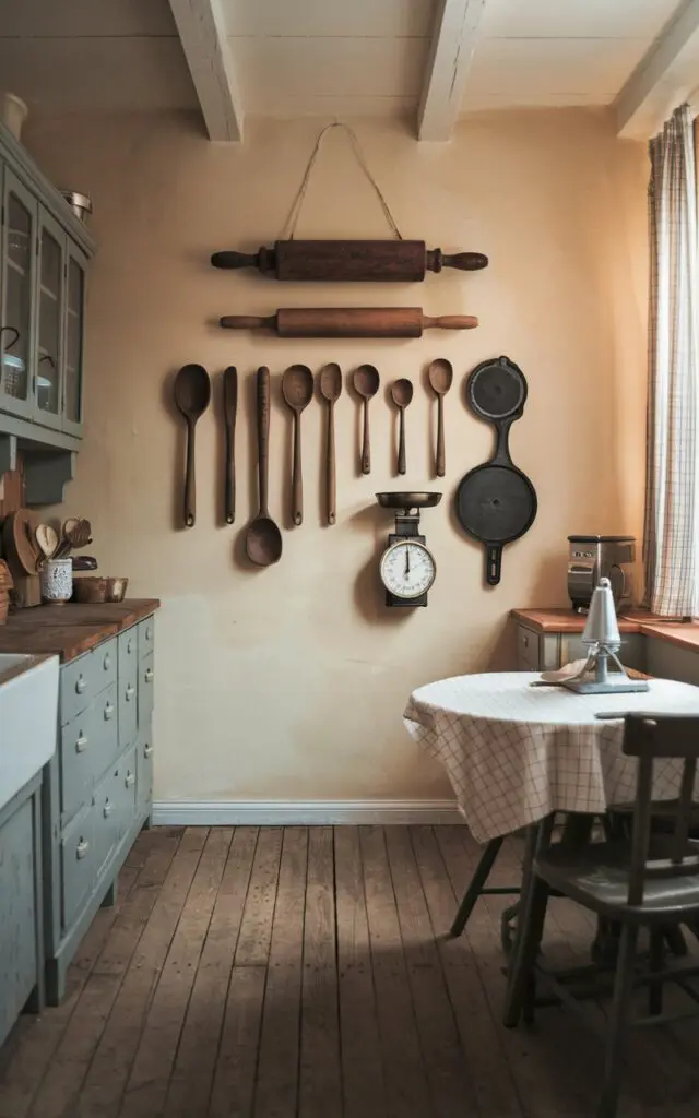 A photo of a rustic and shabby chic kitchen with a wall art made of antique kitchen tools. There is a old rolling pin, cast-iron skillets, wooden spoons, and vintage scales arranged in a pattern on the wall. The kitchen has a wooden floor and vintage cabinets. There is a table with a checkered cloth in the corner. The lighting is warm.