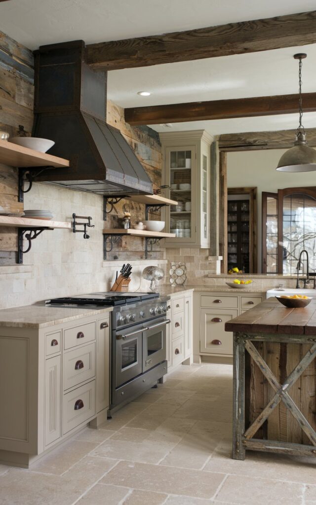 A photo of a rustic and transitional L-shaped kitchen with a metal range hood, open shelving with iron brackets, and a rustic wood island. The kitchen has a metal pendant light. The walls have reclaimed wood accents. The floor is covered with medium-sized beige tiles. The cabinets and island are painted in a light beige color. The countertops are made of beige marble. The space is illuminated by soft, filtered natural light.