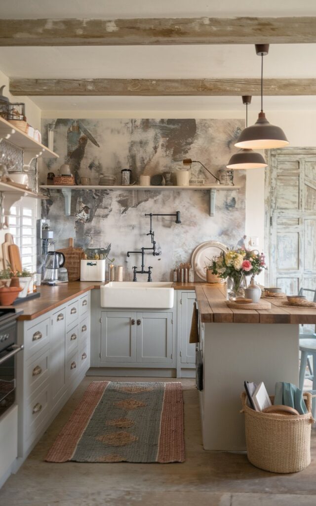 A photo of a shabby chic and rustic L-shaped kitchen with a corner sink. The kitchen has a unique backsplash, a stylish island with essentials, and a fully furnished counter. There is a rug on the floor and pendant lights hanging from the ceiling. The natural light is warm and soft.