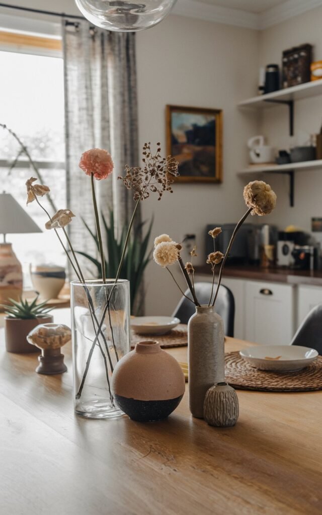 A wide-angle shot of a transitional kitchen dining table with a few vases of different heights as the centerpiece. A tall glass vase, a round ceramic one, and a short textured vase are filled with flowers and dried stems. One vase is empty. The table has other essentials, such as a lamp, a plant, and a few decorative items. The background contains a window with curtains, a painting, and a wall with shelves. The lighting is soft.