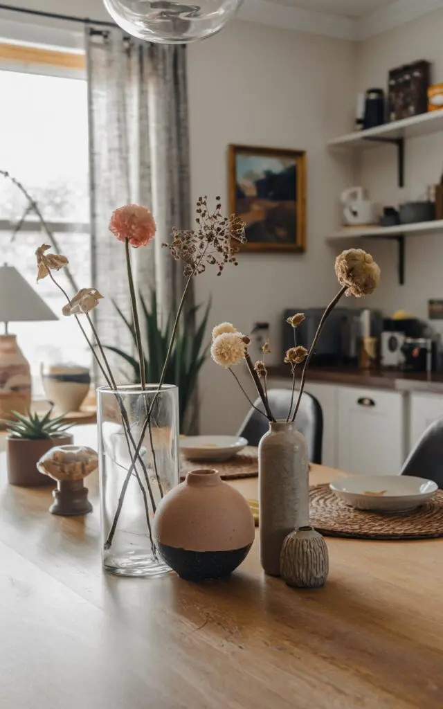 A wide-angle shot of a transitional kitchen dining table with a few vases of different heights as the centerpiece. A tall glass vase, a round ceramic one, and a short textured vase are filled with flowers and dried stems. One vase is empty. The table has other essentials, such as a lamp, a plant, and a few decorative items. The background contains a window with curtains, a painting, and a wall with shelves. The lighting is soft.