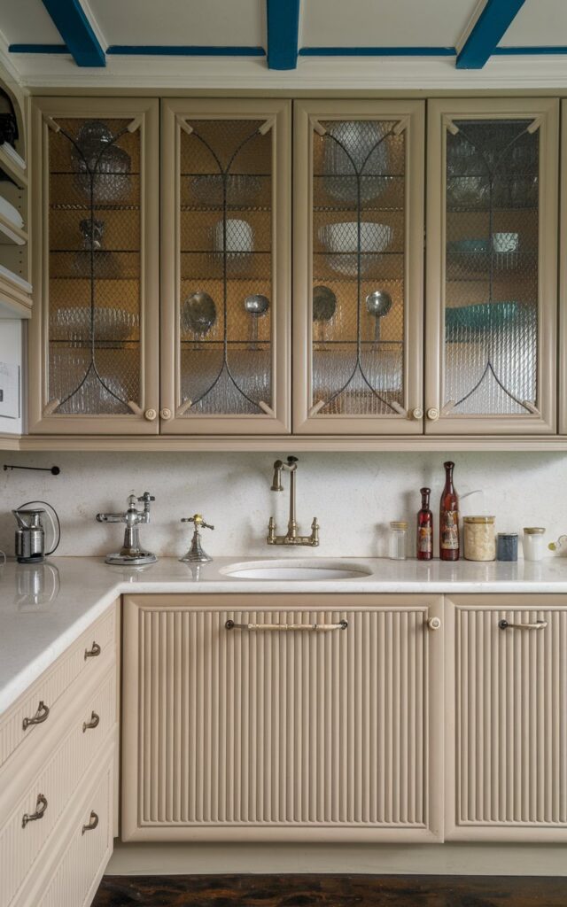 A photo of a transitional kitchen with fluted wood and reeded glass cabinets. There are a few cutlery items displayed inside the cabinets. The kitchen and countertop are fully furnished. The backsplash has a unique design. The faucet, floor, and ceiling have contrasting colors.