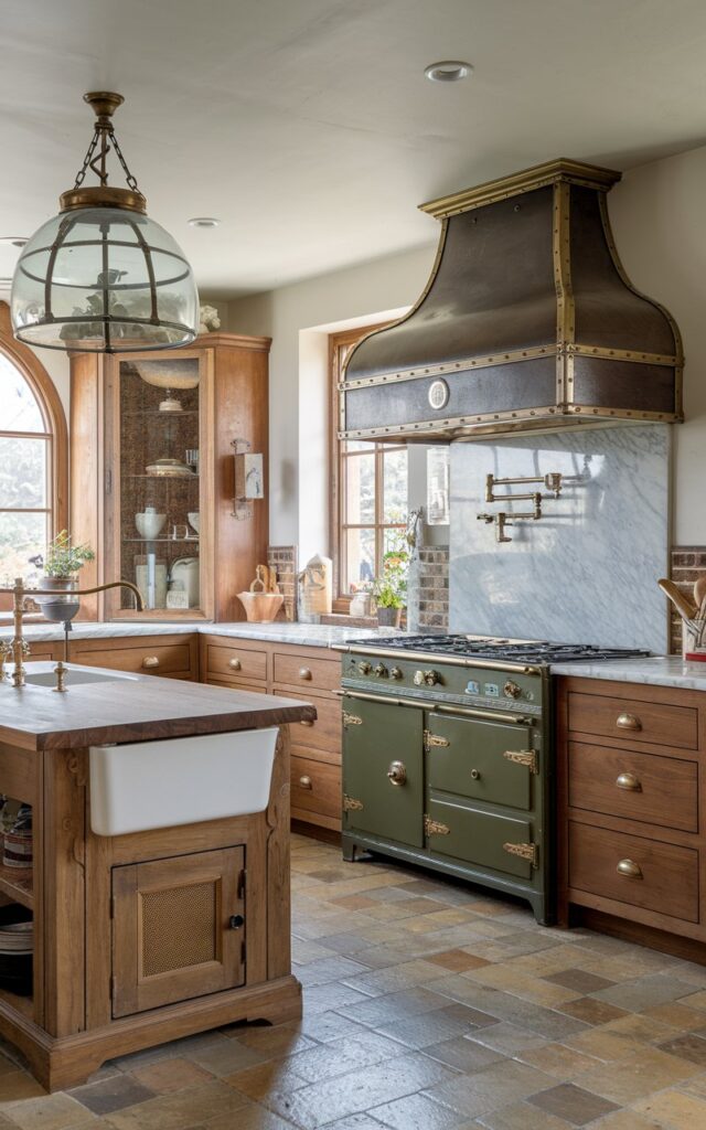 A photo of a Victorian-style L-shaped kitchen with an island and a statement range hood. The kitchen has a rustic charm with its wooden cabinets, marble countertops, and vintage fixtures. The island has a butcher block top and is equipped with a sink. The statement range hood is made of brass and has a large glass dome. The floor is made of ceramic tiles.
