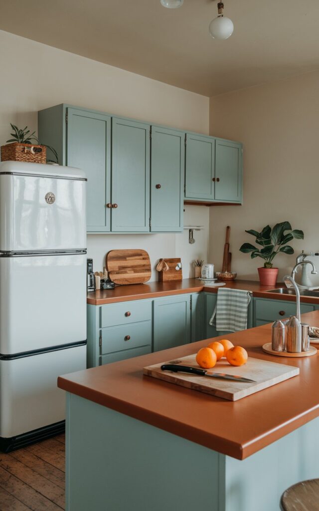 A mid-shot photo of a Zen + cottagecore kitchen with a matte finish on cabinets, counter, and appliances. The kitchen has an island fully furnished. There's a wooden cutting board with oranges and a knife on it. The walls are painted white. There's a potted plant near the sink. The floors are wooden. The lighting is moderate and soft.