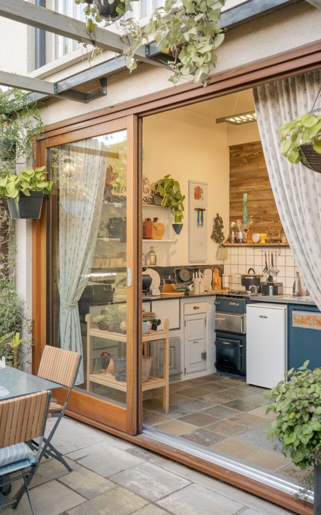 A photo of a merged indoor and outdoor kitchen in an English countryside setting. The kitchen has a wooden sliding glass door that opens to a patio with a full cooking setup. There are plants on the countertop and hanging from the ceiling. The walls have curtains. The indoor kitchen has a variety of appliances, including a stove, oven, refrigerator, and sink. There are also cabinets, a countertop, and a table with chairs. The floor is made of tiles.