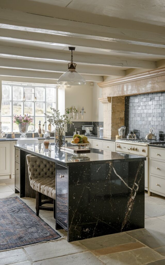 A photo of a modern L-shaped kitchen in an English countryside setting. The kitchen has a black marble waterfall island with a polished quartz countertop. The island has a luxurious seating area, a pendant light, and a rug. The kitchen is fully furnished and has modern appliances. The focus is on the polished quartz countertop. The natural light is filtered.