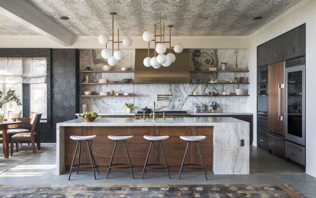 An L-shaped open concept kitchen with an island layout. The kitchen has a unique backsplash, with the ceiling having wallpaper. The island has modern cluster pendant lights and stools. The floor has an attractive rug. Natural light is diffused and filtered. The kitchen has mixed metal accents, including wood, marble, quartz, and steel.