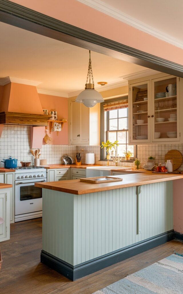 A photo of an L-shaped kitchen in a Cottagecore + Boho style. The kitchen has a pastel color island with a dark color baseboard molding. The kitchen and island are fully furnished, with appliances, cabinets, and decor. The lighting is golden hour lighting. The photo is taken straight on and at an angle.