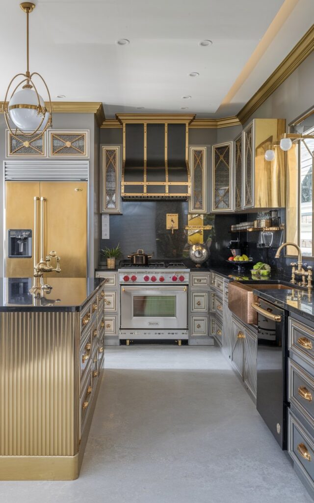 A photo of a Hollywood glam style L-shaped kitchen with an island. The kitchen has a mix of metals (gold, silver, black, and bronze) in the handles, faucet, and appliances. There is a gold refrigerator, a silver oven, a black dishwasher, and a bronze sink. The island has a black countertop and a gold faucet. The walls have gold accents. The floor is a light gray stone.