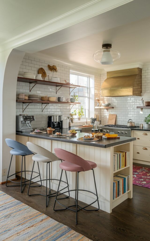 A photo of an L-shaped kitchen with a glam + transitional touch. The kitchen has an island which serves as a breakfast bar with a built-in book shelf and coffee machine. There is food served on the bar. The kitchen island has a rug. The ceiling has a modern pendant light.