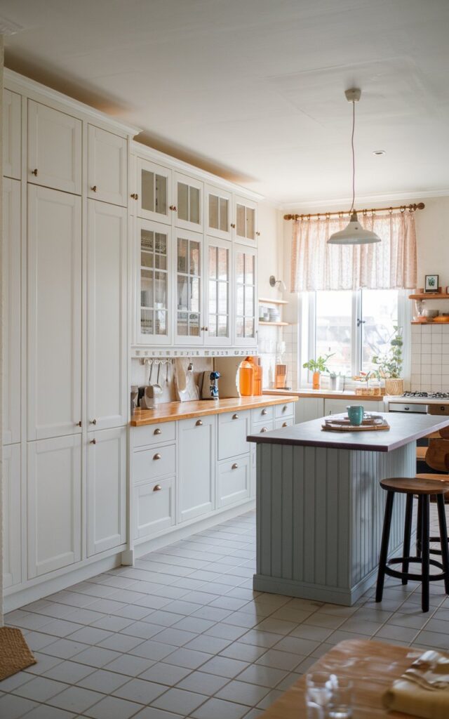 A photo of an L-shaped traditional Scandi kitchen with floor-to-ceiling cabinetry along one wall. The kitchen has a fully furnished island in contrasting color. There are white cabinets, a grey island, and wooden elements. The floor is tiled. There's a pendant light hanging over the island, and a window with a curtain is near the cabinets.
