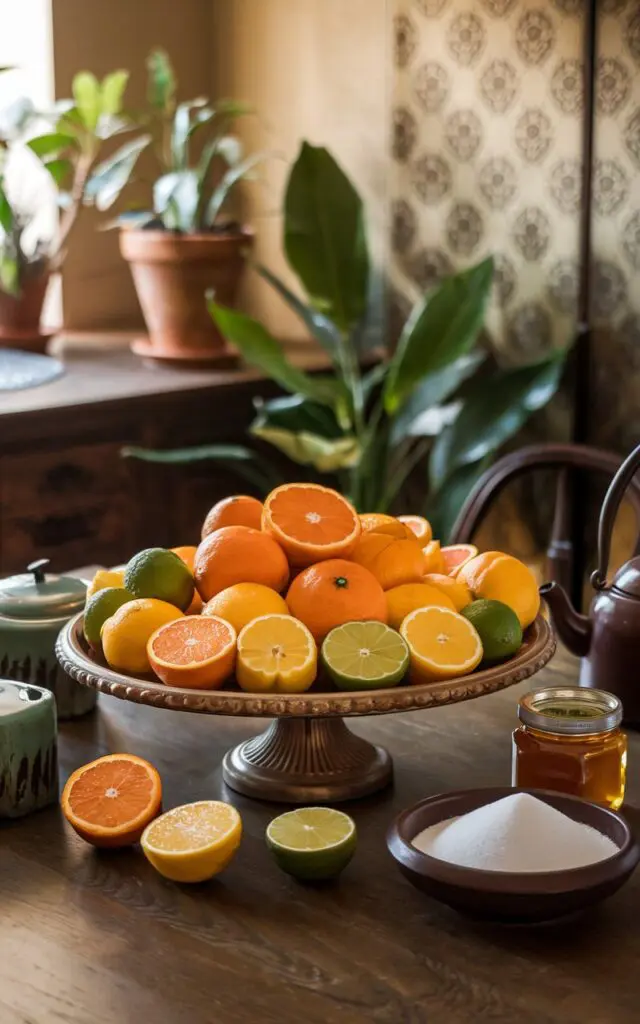 A photo of an art deco kitchen with a dining table. At the center of the table is a vintage-style wooden tray filled with colorful citrus fruits - oranges, lemons, and limes, sliced and arranged in a decorative manner. Surrounding the tray are other kitchen essentials, including a teapot, a jar of honey, and a bowl of sugar. The background contains a few potted plants and a wall with a decorative pattern. The lighting is warm and soft.