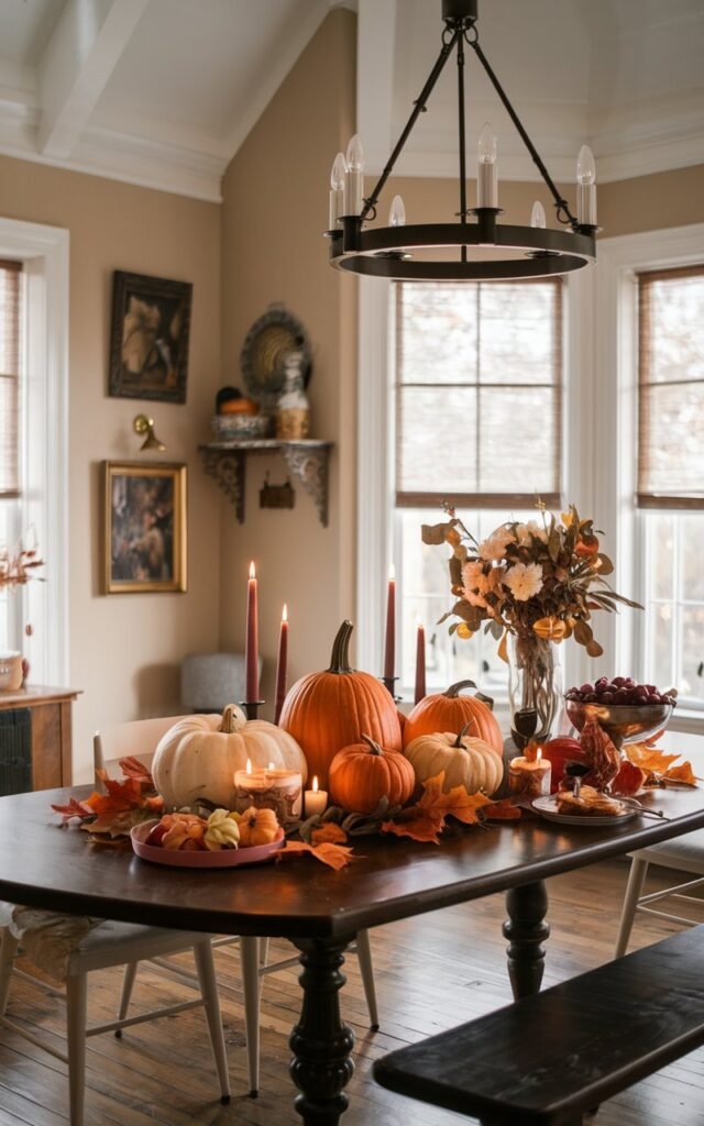 A photo of a modern Victorian kitchen dining table decorated with fall decor. At the center of the table, there are pumpkins of various sizes, warm-toned leaves, and cozy candles. There are also other essentials on the table, such as a vase with flowers, a bowl of fruit, and a plate of baked goods. The room has a high ceiling, with a chandelier hanging above the table. The walls are adorned with vintage artwork and a decorative shelf. The room has a hardwood floor. The lighting is soft, with the natural light filtering through the windows.