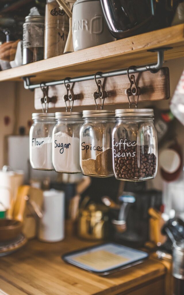 A photo of a rustic kitchen counter with a wooden board hanging above it. The board has a few mason jars with handwritten labels: "flour", "sugar", "spices", and "coffee beans". The jars are held in place by metal clamps. The background contains a variety of kitchen items. The photo has a warm, golden hue.