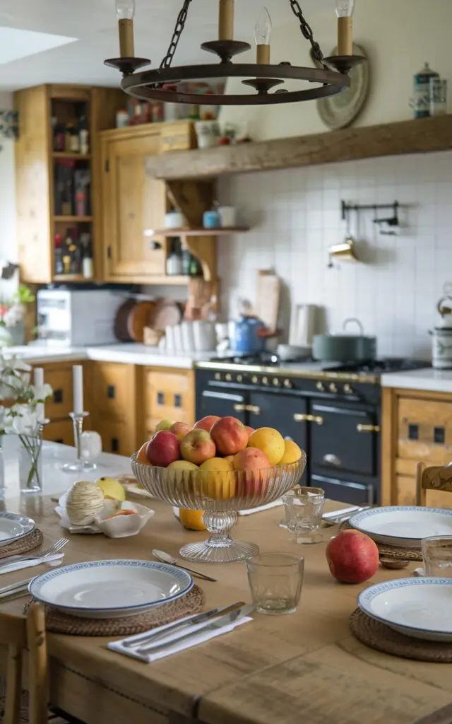 A photo of a dining table in an English countryside kitchen. There is a glass bowl of seasonal fruits in the middle of the table. Surrounding the bowl, there are plates, cutlery, and a few other items. Suspended above the table is a stylish chandelier. The kitchen has wooden cabinets, a stove, and other appliances.