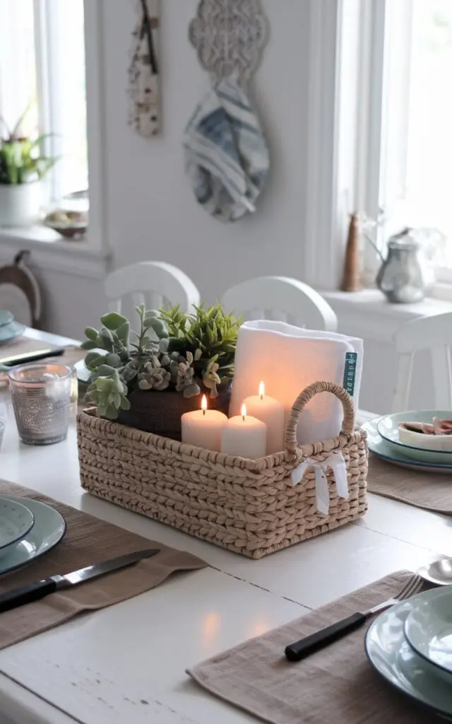 A photo of a shabby chic kitchen dining table with a small rectangular seagrass woven basket placed in the center. The basket contains mini plants, hand towels, and candles. The table has other functional elements, such as a cutting board, a knife, and a dish. The background contains a wall with decorative items and a window.