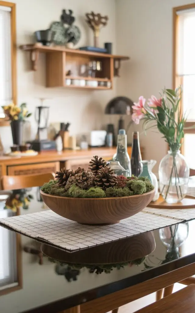 A photo of a mid-century modern kitchen dining table with a glossy finish. At the centre of the table is a wooden bowl filled with moss and pinecones. The bowl is placed on a checkered tablecloth. There are other kitchen essentials on the table, including a vase with flowers and a lamp. The background contains a wall with a wooden cabinet and a window.