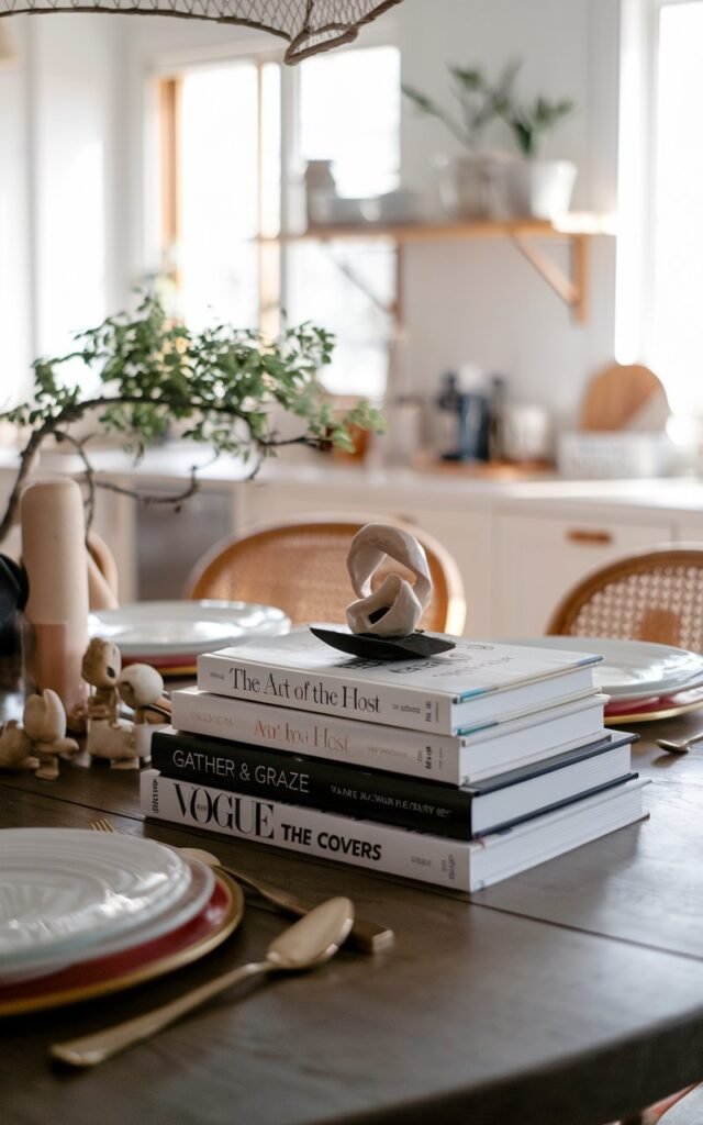 A long shot view of a boho-style kitchen with a dining table. The table has a stack of 2-3 books as the centerpiece. The books are "The Art of the Host, Gather & Graze, Vogue: The Covers". There is a small sculpture or a bonsai plant on top of the books. The table also has other essential items. The room has natural light, which is filtered and soft.