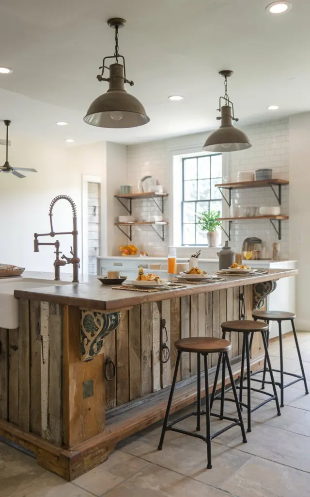 A photo of a boho-style kitchen with a multi-functional antique island. The island has a reclaimed wooden finish, decorative corbels, and antique hardware, including a faucet, handles, and industrial pendant lights. There are a few stools placed by the extended breakfast bar. A breakfast is served on the island. The island is placed strategically in the kitchen. The ceiling has recessed lights.