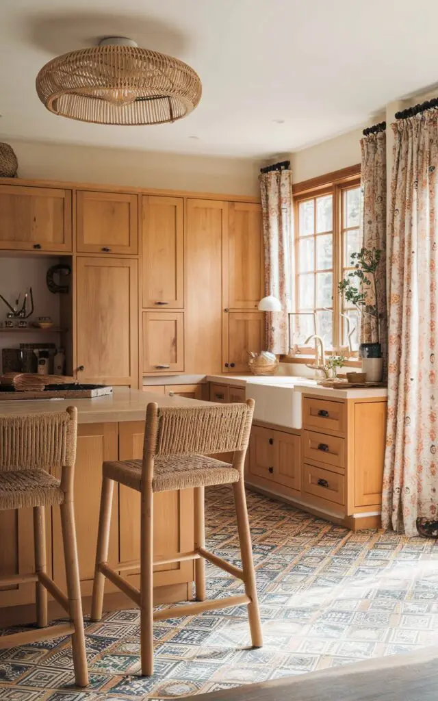 A photo of a boho-style kitchen with hickory cabinets in a golden tan hue. There is a kitchen island with a few woven rattan barstools. The kitchen has a boho touch with a ceiling light fixture made of woven rattan, a patterned floor, and curtains. The room is filled with natural light.
